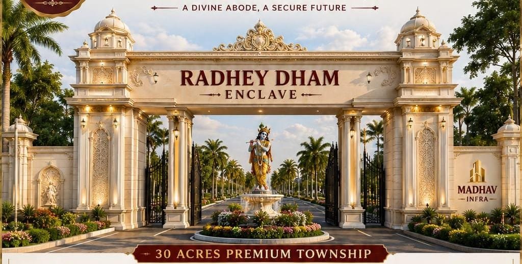 Radhey Dham Enclave Grand Entrance Gate β Premium Plotted Township in Mathura by Madhav Elite Pvt. Ltd.